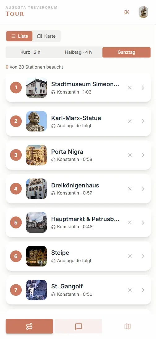 Zeitlegende-App: Tourübersicht mit den Stationen durch Trier