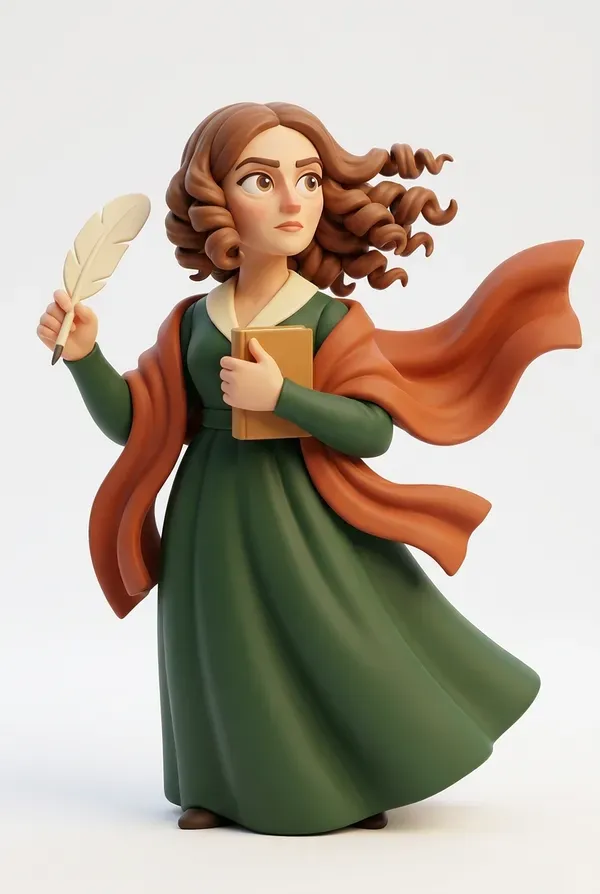 Zeitlegende Sammelfigur einer Dichterin mit Feder und Buch im Wind