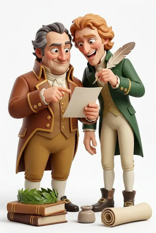 Zeitlegende Sammelfiguren zweier Dichter, die gemeinsam ein Manuskript lesen
