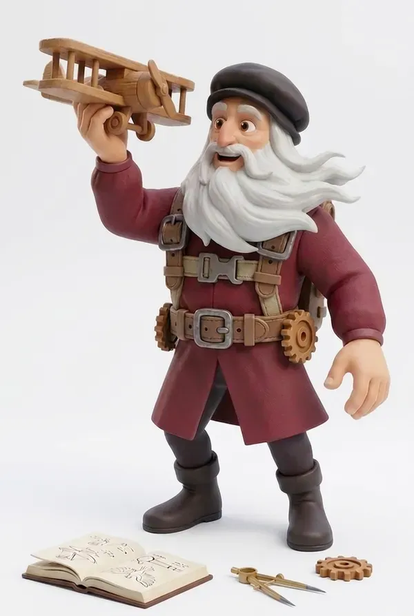 Zeitlegende Sammelfigur eines Erfinders mit weißem Bart und hölzernem Flugmodell