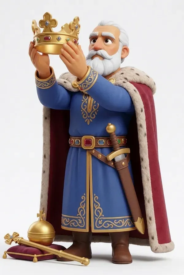 Zeitlegende Sammelfigur eines Königs, der sich selbst die Krone aufsetzt