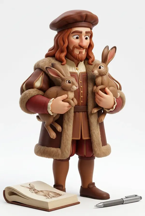 Zeitlegende Sammelfigur eines Renaissance-Künstlers mit zwei Hasen und Skizzenbuch